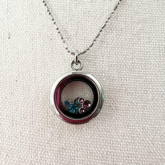 Disney Minnie Mickey Rhinestone Silhouette Clear Silver Locket Pendant Necklace - Picture 2 of 7